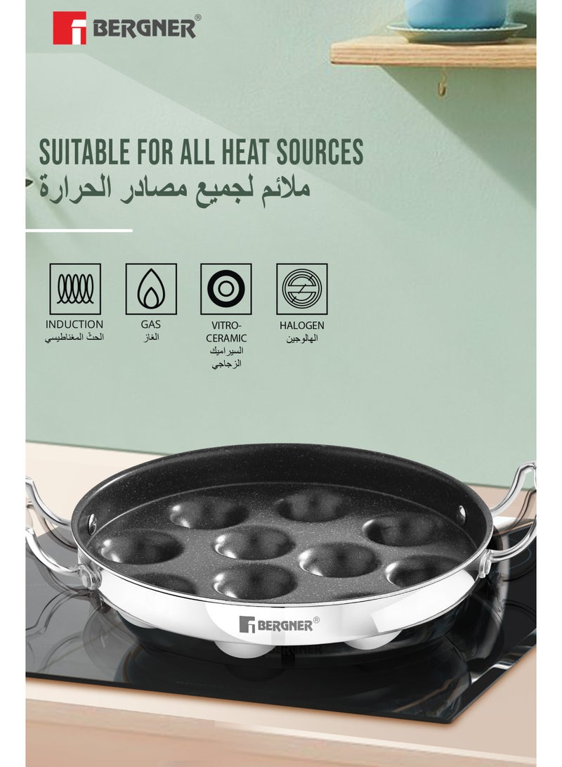 Bergner 25cm with 11 Cavities Triply Stainless Steel Paniyarakkal with Glass Lid, Quantanium Nonstick Aebleskiver Pan, Low-Oil Healthy Cooking, Even Heating, Gas & Induction Compatible - Image 4